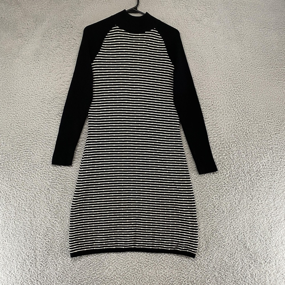 Title Nine Sweater Dress Womens M Black Striped Wool Mock Neck Knit Work Granola